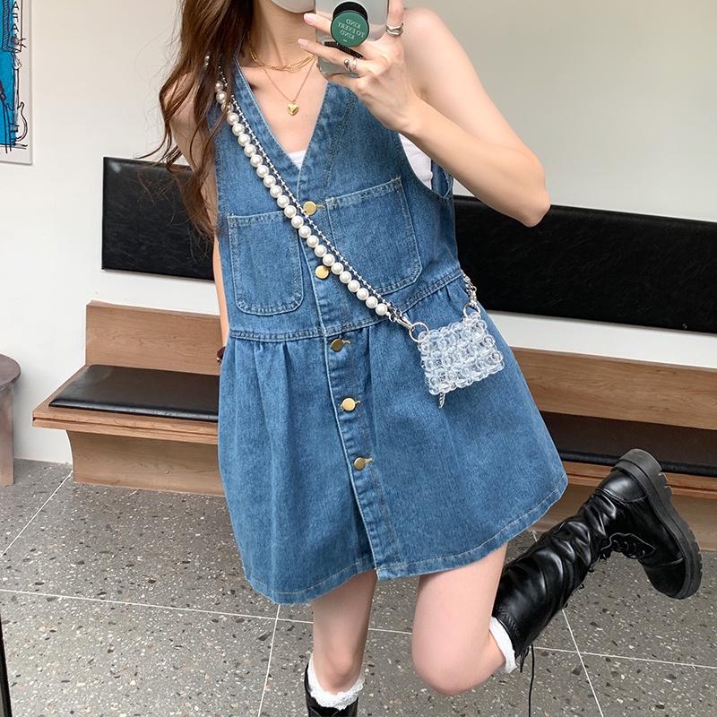 Đầm Denim Sát Nách Cổ Chữ V Dáng Chữ A Phong Cách Retro Mới 44819