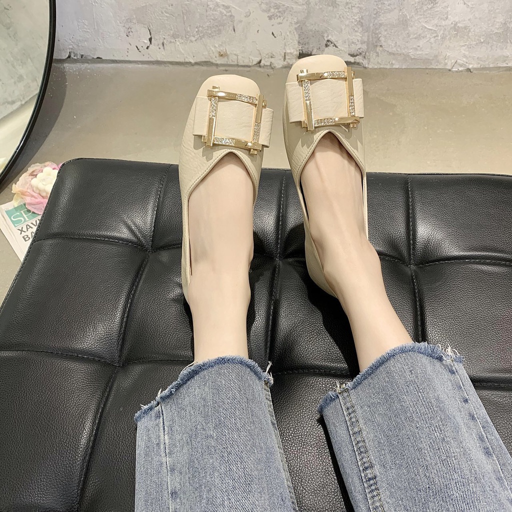 Giày Búp Bê Đế Mềm Mũi Vuông Phối Khóa Kim Loại Thời Trang Dành Cho Nữ