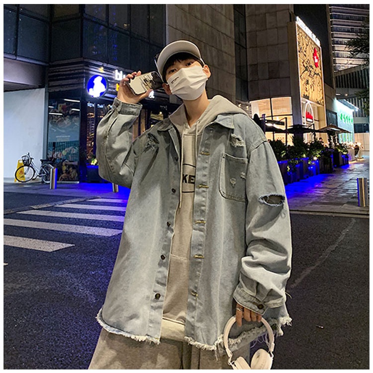 Áo khoác jean denim nam form rộng xé rách gấu, áo khoát jacket nam chất denim phong cách Hàn Quốc X311