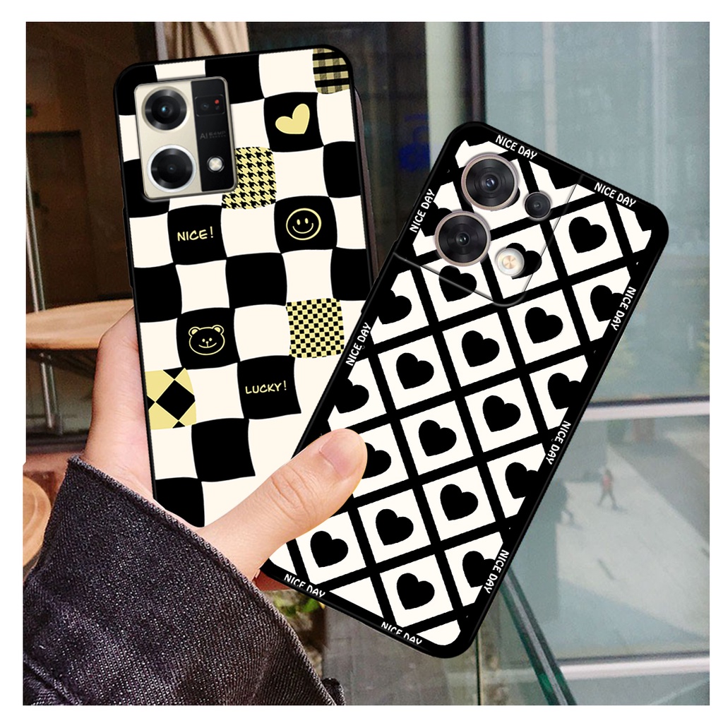 Ốp lưng Oppo Reno 8 4G / Reno 8Z 5G / Reno 8 5G in hoạ tiết caro trái tim đen trắng, gấu bear cute đáng yêu