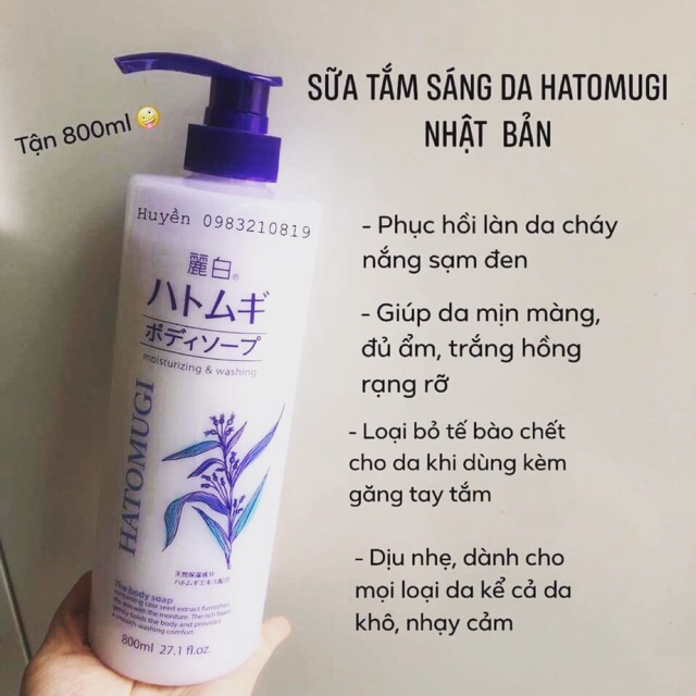 Sữa Tắm Dưỡng Ẩm, Trắng Da Chiết Xuất Ý Dĩ Nhật Bản Hatomugi Moisturizing &amp; Washing The Body Soap 800ml