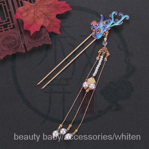 Kẹp tóc hình chim công xanh dương phối tua rua kiểu cổ điển phong cách Trung Hoa