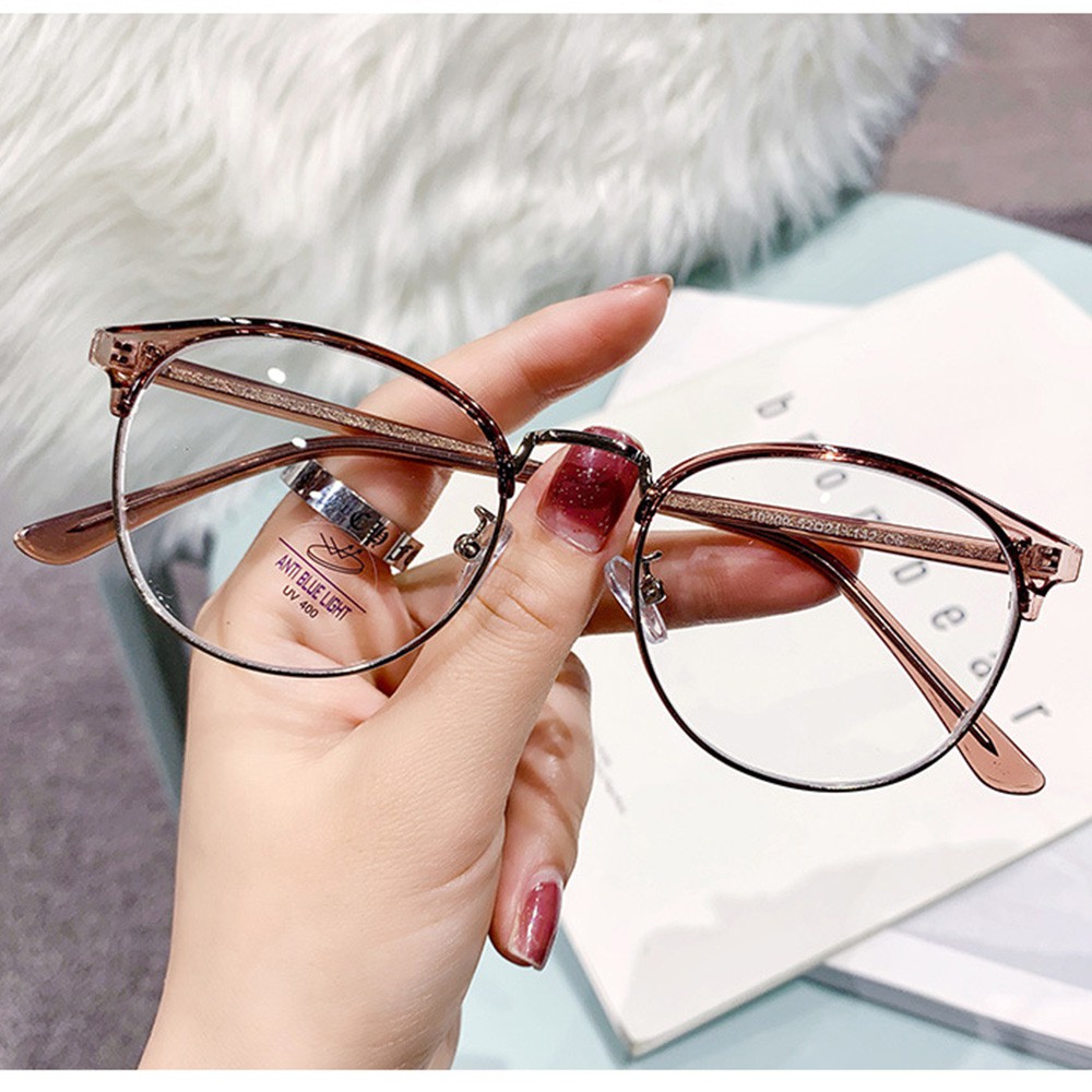 Gọng kính cận nữ, nam mắt tròn kim loại, nhựa 7K10209 màu đen, nâu, xám. Tròng giả cận 0 độ chống ánh sáng xanh, tia UV
