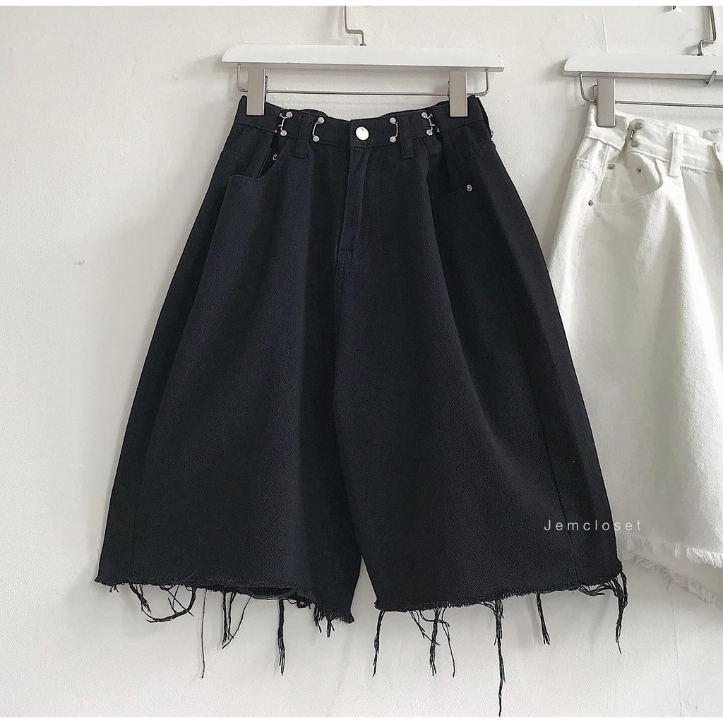 Quần Bò Lửng Cạp Móc Nữ 🎁 Nana's House - FREESHIP 🎁 Short jean ống rộng suông trơn, cạp cao rách gối Ulzzang