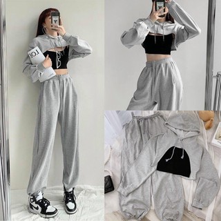 Set bộ 3 món áo croptop dài tay quần jogger xám chanreen set đồ năng động, siêu tôn dáng
