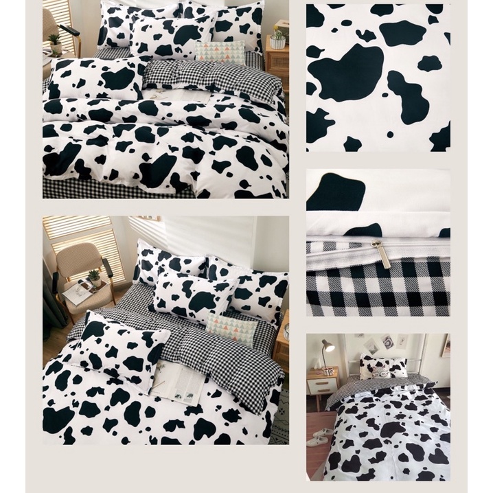 Bộ vỏ chăn ga gối mẫu bò sữa-Chất liệu cotton poly -Set 4 món nhập khẩu
