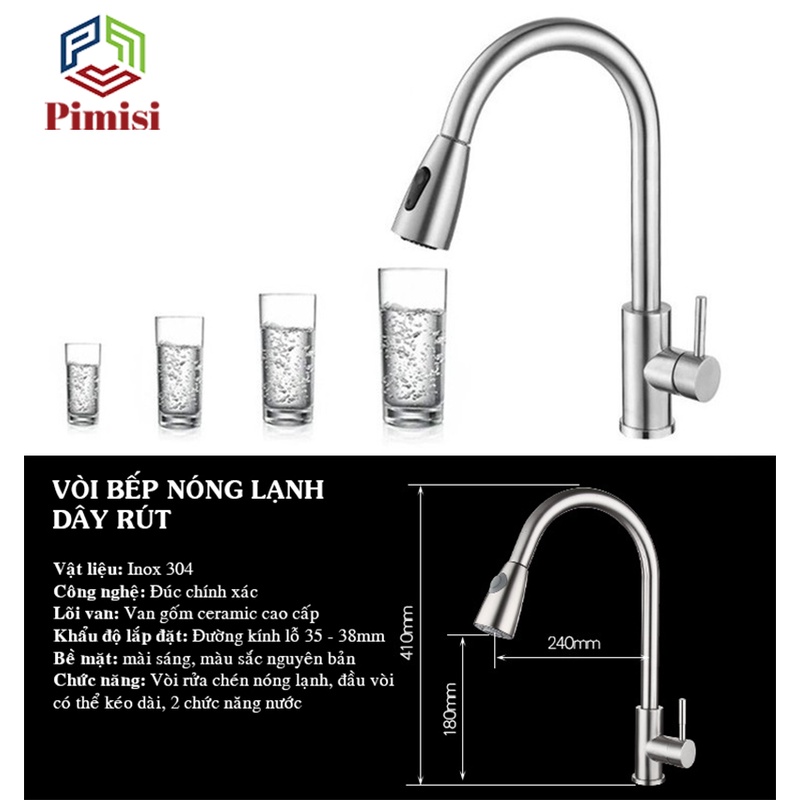 Vòi Rửa Bát Nóng Lạnh Dây Rút Inox 304 Pimisi Cho Chậu Rửa Chén Bát Trong Nhà Bếp - Đầu Vòi Nước Tăng Áp | Chính Hãng