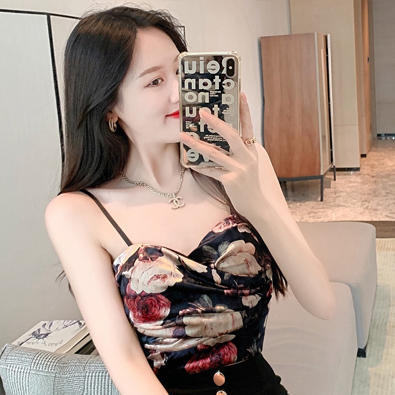 SUXI Áo Hai Dây In Hoa Phong Cách Hàn Quốc Mới