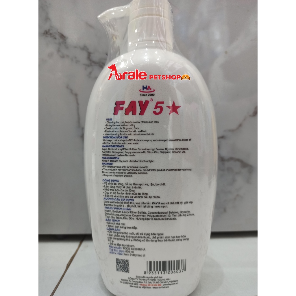 Dầu Tắm Sữa Tắm Diệt Ve Rận Bọ Chét Mượt Lông Khử Mùi Hôi Chó Mèo Fay 5 Sao [ 300ml &amp; 800ml ]