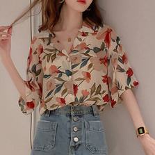 Áo sơ mi chiffon tay ngắn in họa tiết phong cách Hàn Quốc thờI trang cho nữ