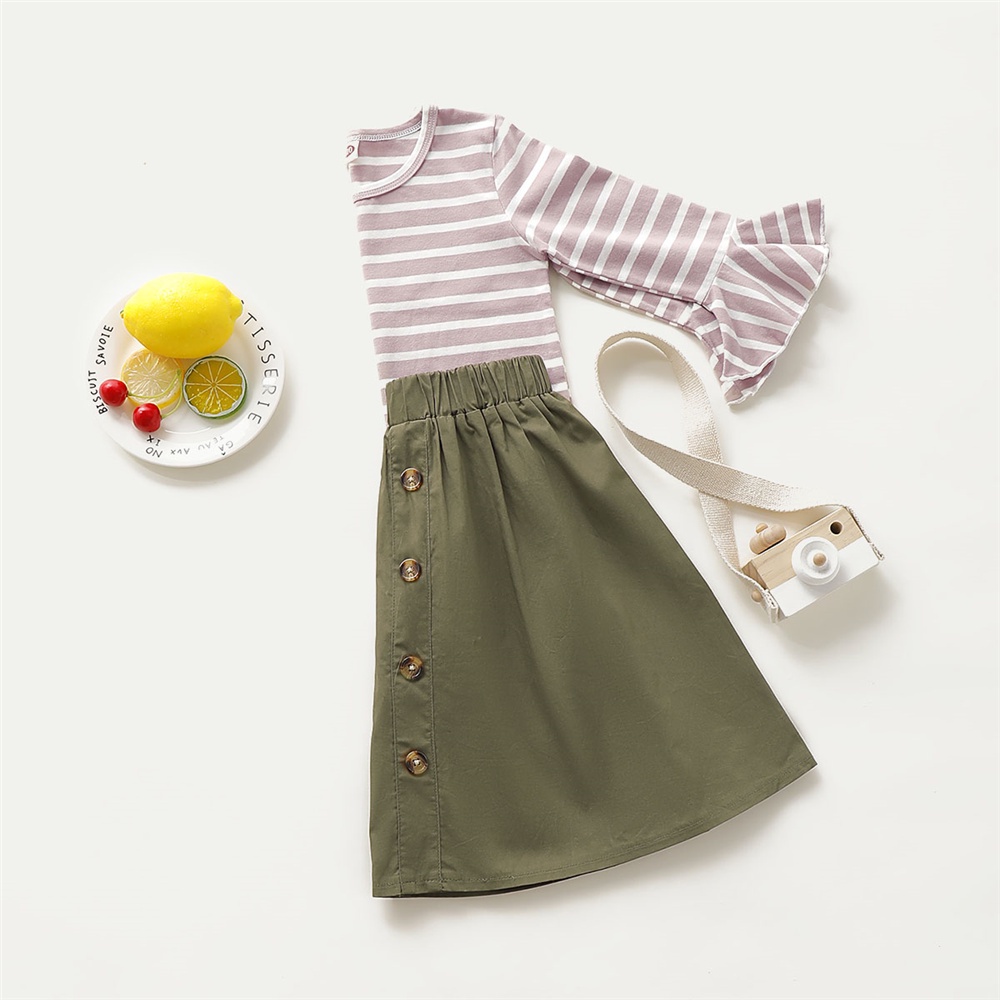 Set trang phục 2 món MIKRDOO gồm áo tay dài kẻ sọc và chân váy xanh lá cho bé gái 1-5 tuổi