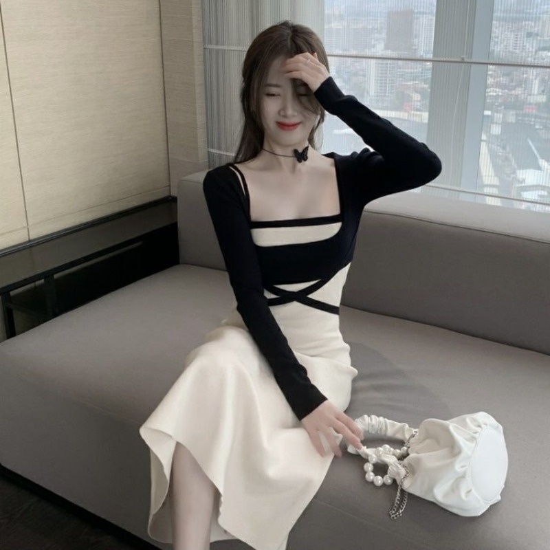 Đầm hai dây dệt kim phối dáng ôm thời trang Pháp cho phái nữ