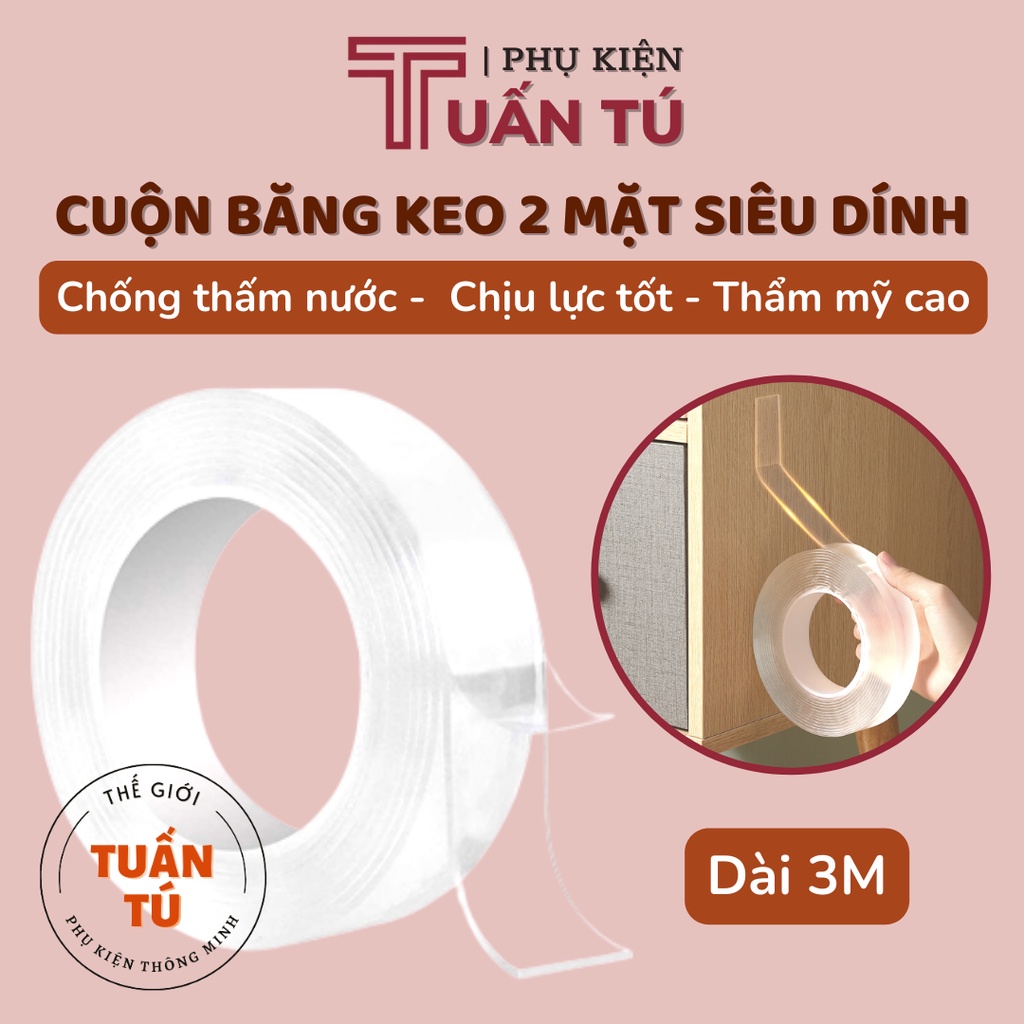 Băng keo 2 mặt Băng dính 2 mặt trong suốt chịu tải cao chống thấm nước (cuộn rộng 2 cm dài 3 mét) - Tuấn Tú Office Store
