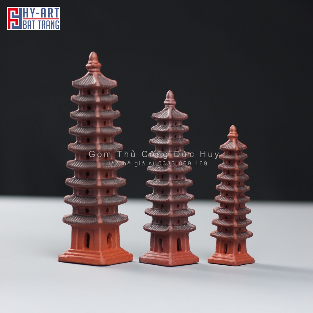 Mô hình gốm Tháp Vuông mini men đỏ - phụ kiện trang trí tiểu cảnh - bể cá
