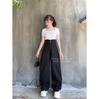 Baggy jeans lưng cao ống suông 2 nút túi đắp