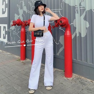 bộ quần ống rộng áo croptop thêu phẩy hai màu đen trắng cơ bản