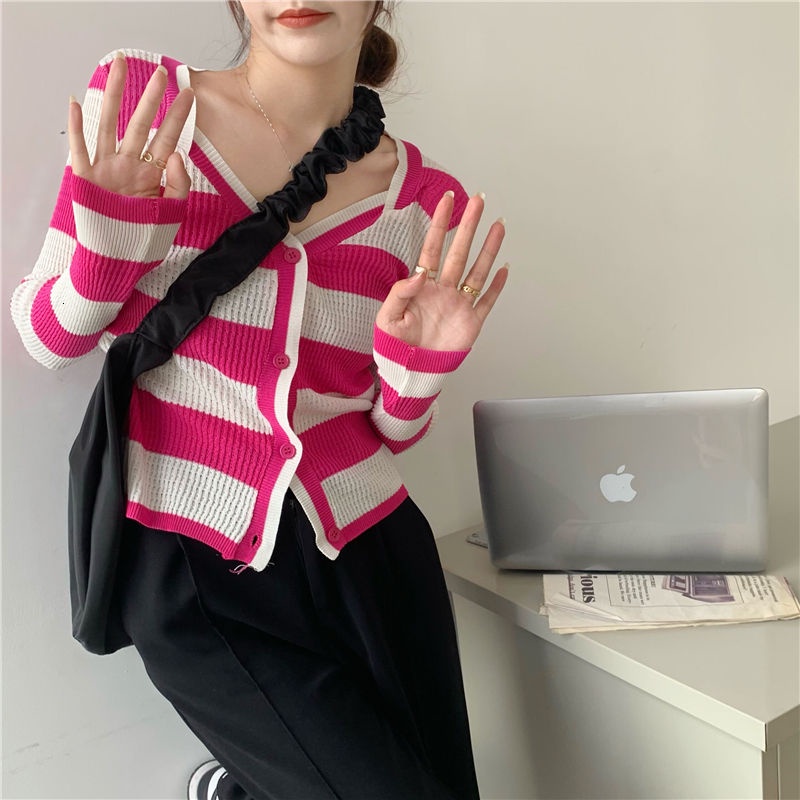 Áo Len Nữ Tay Dài Cổ Chữ V Kẻ Sọc Ngang Thời Trang