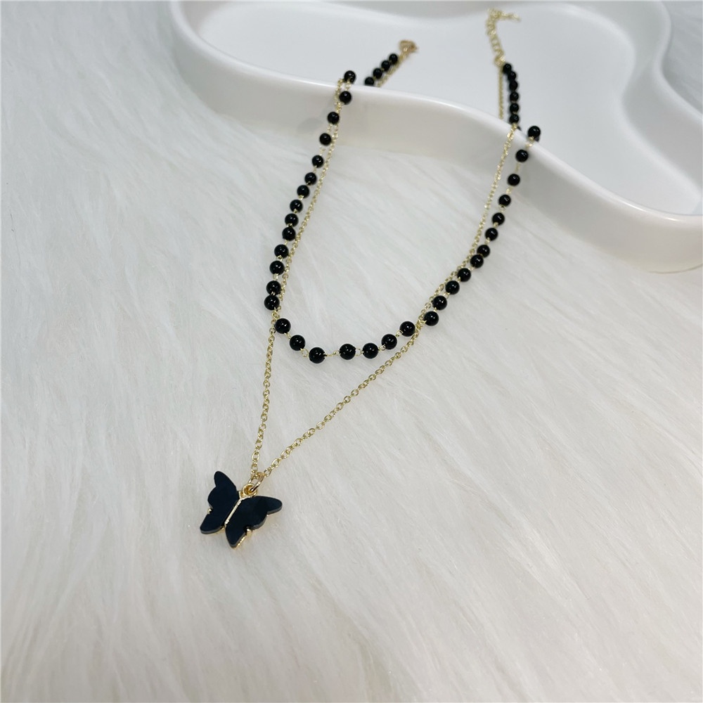 Vòng cổ Hai Lớp Mặt Hình Bướm Màu Đen Phong Cách Ins Đơn Giản Sang Trọng