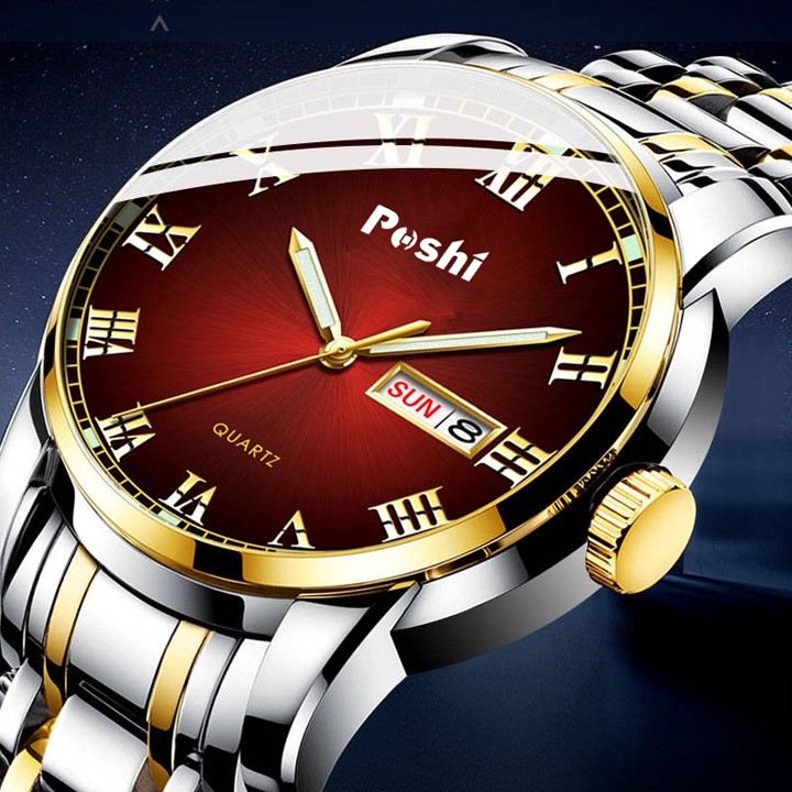 Poshi Đồng Hồ quartz Dây Thép Không Gỉ Chống Thấm Nước Phát Quang Cho Nam