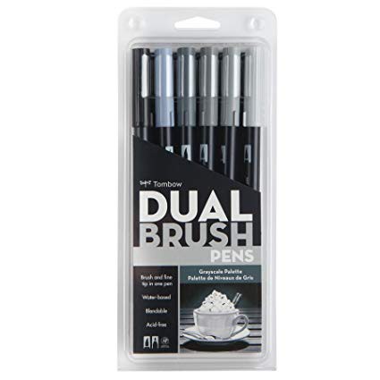 [DA ĐEN] Bút cọ TOMBOW DUAL BRUSH 2 đầu, bộ 6 cây - Grayscale