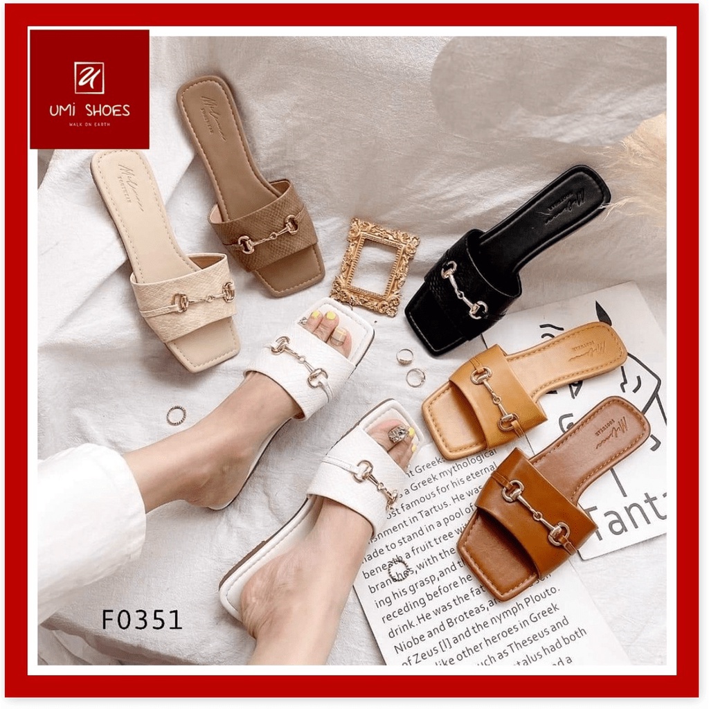 Dép nữ quai ngang khóa móc xích mũi vuông đế bệt đi biển đi chơi mùa hè màu đen/trắng