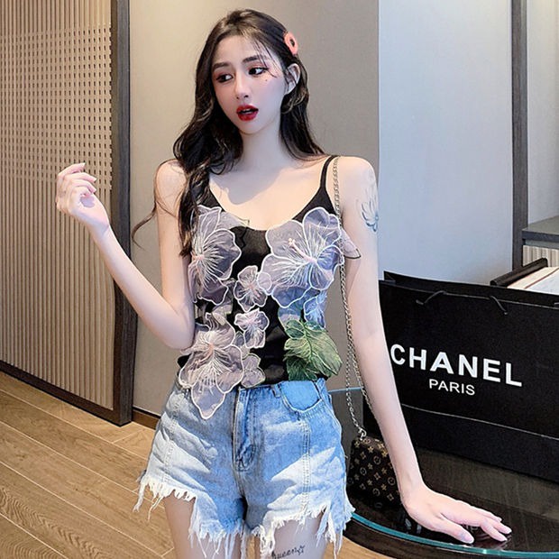 Áo hai dây ZHELIHANGFEI dệt kim họa tiết hoa ba chiều gợi cảm