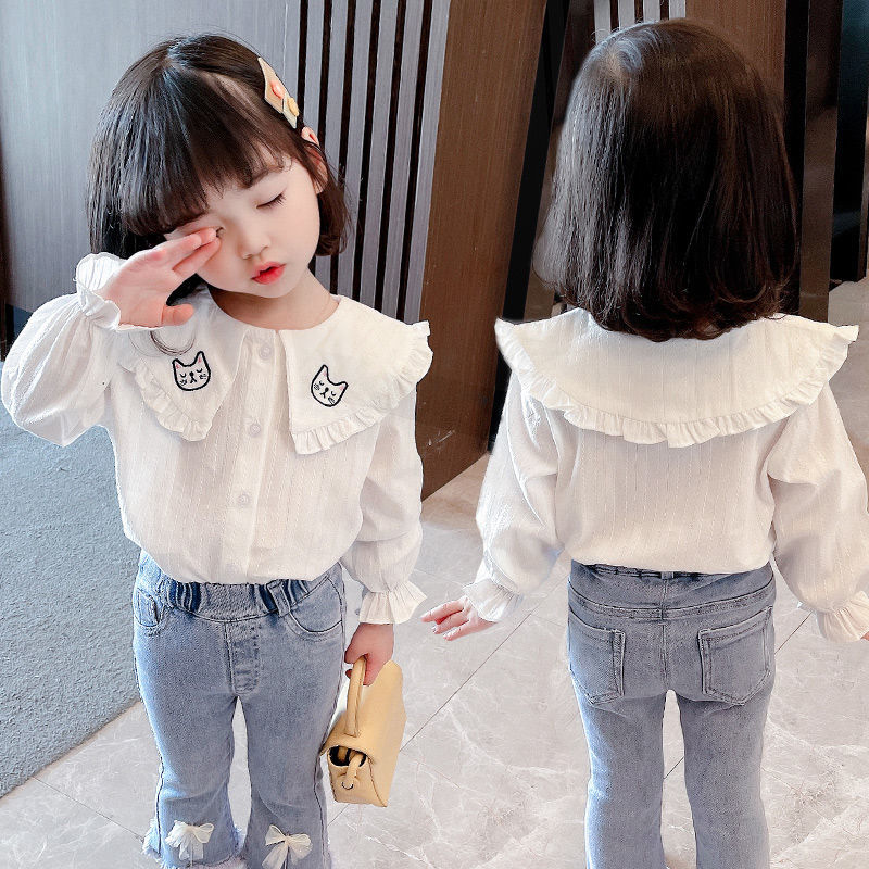 Áo Sơ Mi Trắng Cổ Búp Bê Vải Cotton Kiểu Hàn Quốc Dễ Thương Dành Cho Bé Gái 2021