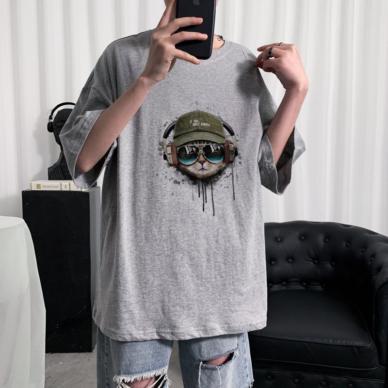 Áo Thun Tay Lỡ In Nhiệt Mèo Nghe Nhạc Unisex chất Cotton phong cách Ulzzang ATIN52 - Áo Phông unisex Cotton cao cấp | BigBuy360 - bigbuy360.vn