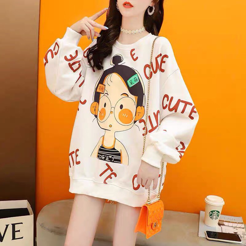 Áo sweater nỉ thun form rộng hàn quốc mầu trắng cổ tròn dài tay ấm cute giá rẻ G053 | BigBuy360 - bigbuy360.vn