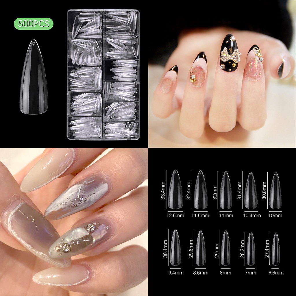 MONJA Hộp 500 Móng Tay Giả Trong Suốt Kèm Keo Dán Tiện Dụng