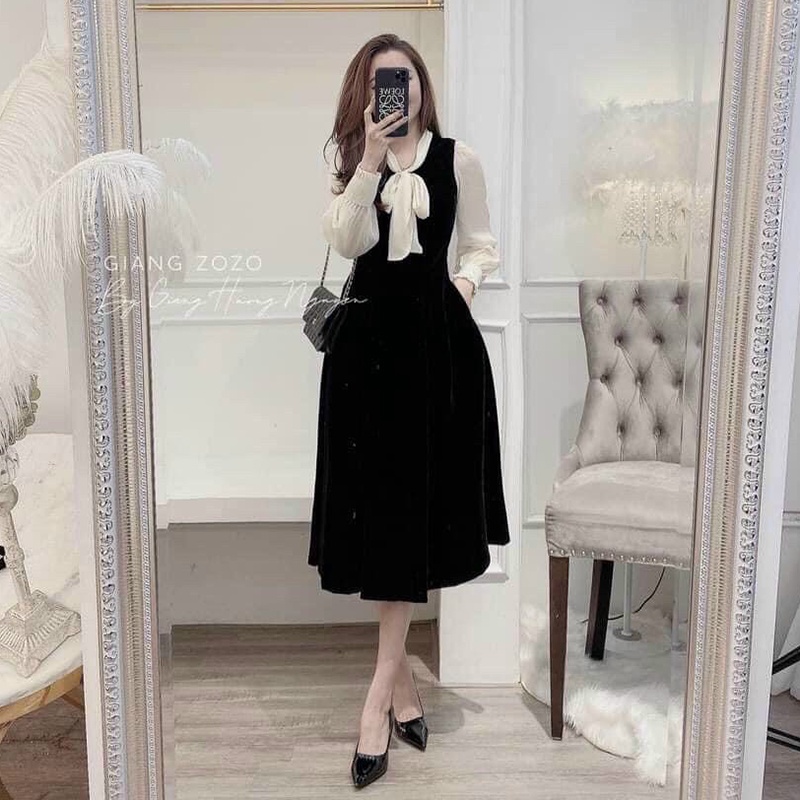 Đầm xòe nữ dáng dài tay thu đông cổ nơ bản to tay bồng HHY429, váy xòe xếp ly maxi công sở tiểu thư