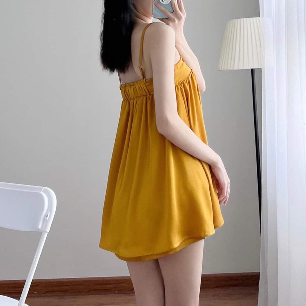 Đồ Ngủ Lụa Latin Hai Dây Dáng Dài, Bộ Ngủ Nhún ngực Bảng To, Quần Đùi Sexy Cao Cấp