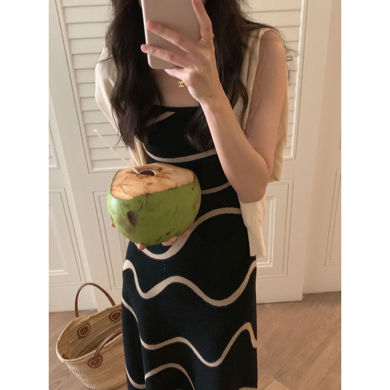 Đầm Dệt Kim Ôm Dáng Họa Tiết Kẻ Sọc Gợn Sóng Phong Cách Retro