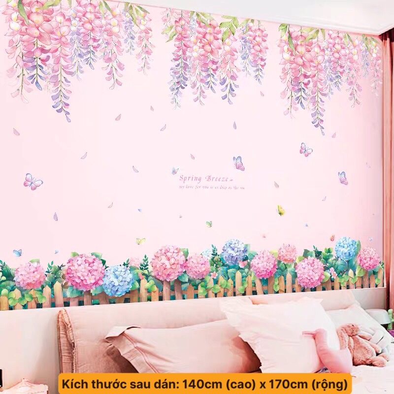 Decal dán tường, Tranh dán tường tán hoa và chân cẩm tú cầu.
