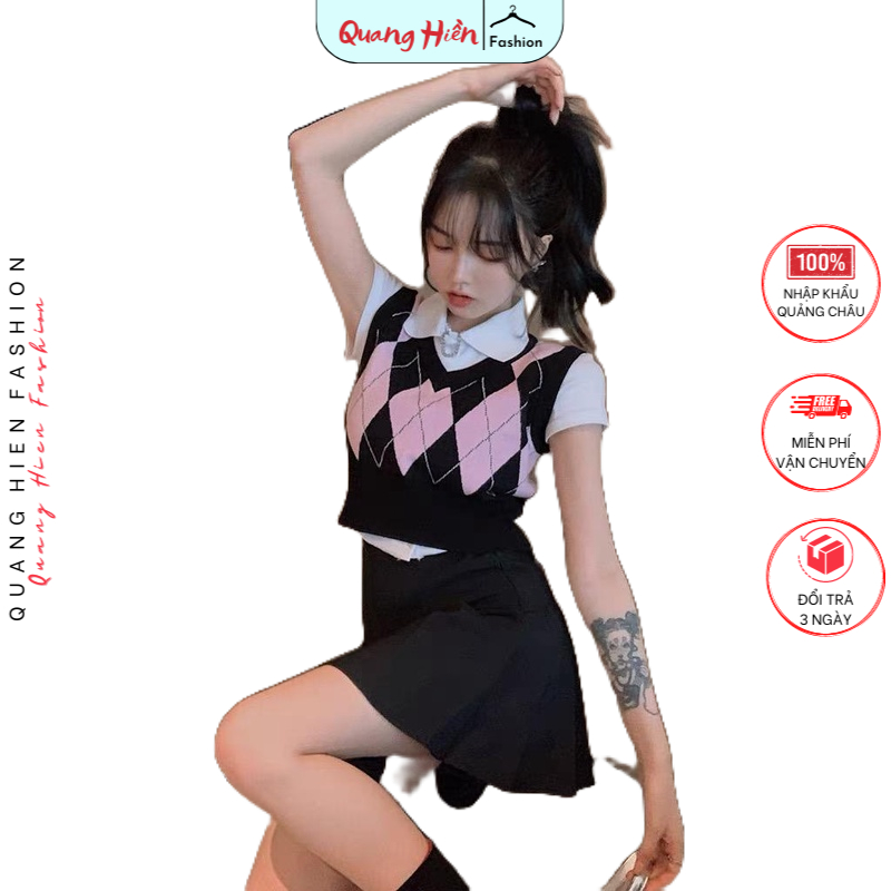 Áo gile len nữ Quảng Châu hình trám croptop dáng ôm freesize MS801