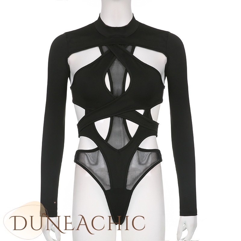 Áo liền quần DUNEA tay dài cổ cao phối lưới xuyên thấu quyến rũ cho nữ