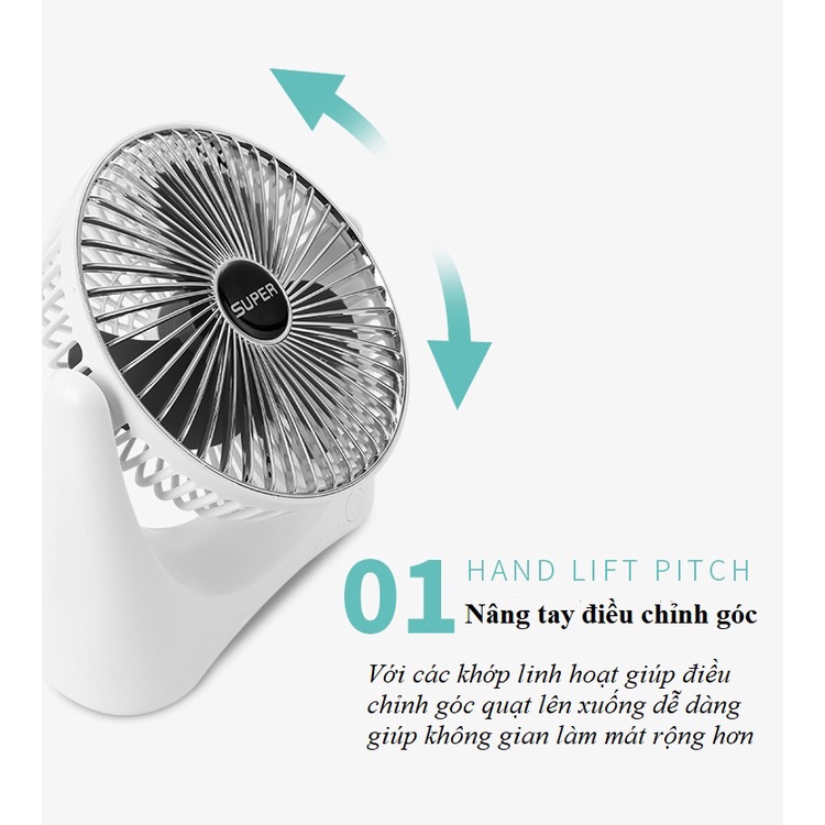 Quạt mini để bàn sạc tích điện, 3 cấp độ thế hệ mới bàn xoay 120 độ kèm dây sạc USB an toàn tiện lợi