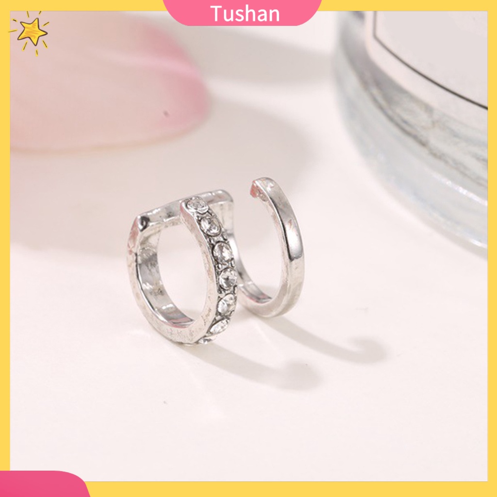 TUSH 1Pc Women Rhinestone Double Layer Ear Cuff Clip On Earring Non Piercing Jewelry