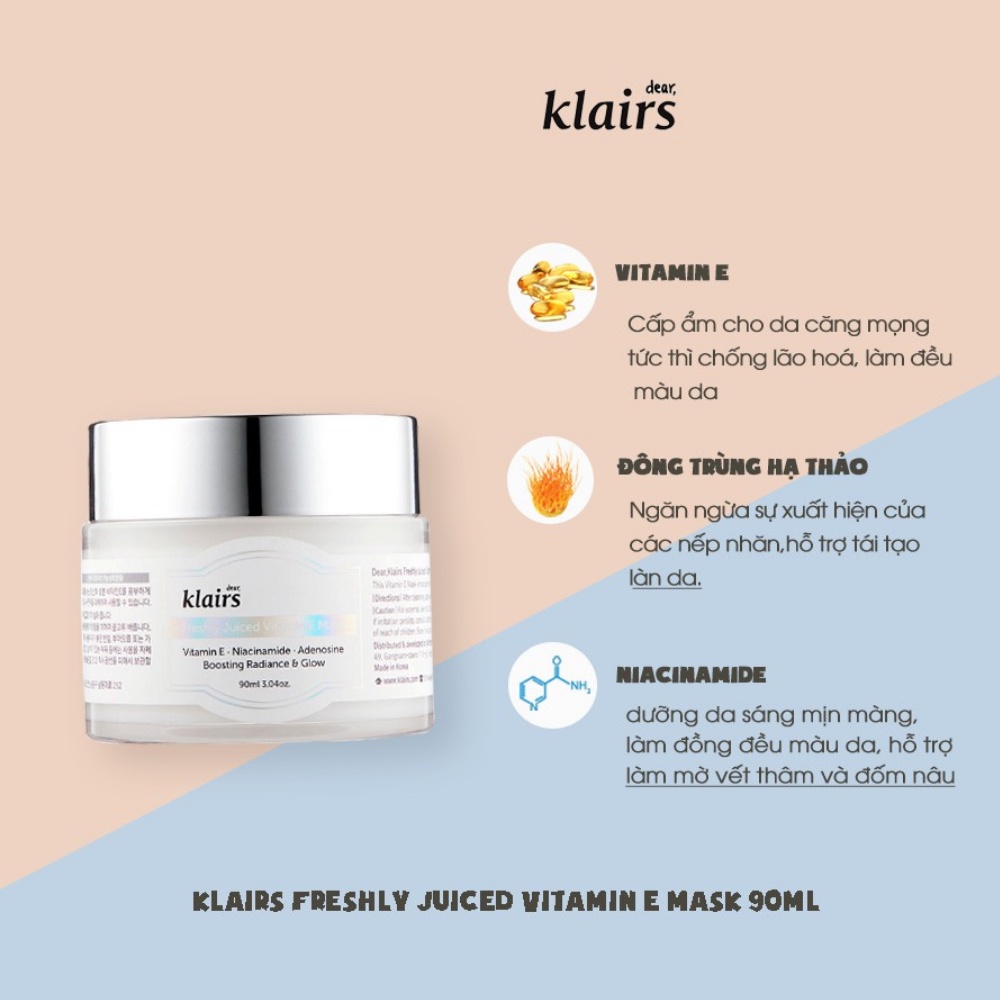 Mặt nạ ngủ &amp; kem dưỡng ẩm Klairs Fresh Juiced Vitamin E Mask 90g