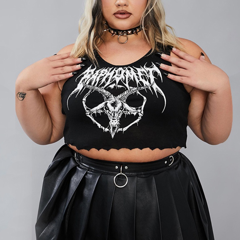Xiangbao Áo Crop Top Dệt Kim Ôm Dáng Không Tay In Hình Dê Phong Cách Gothic Punk Gothic Harajuku Màu Đen Cho Nữ Ve