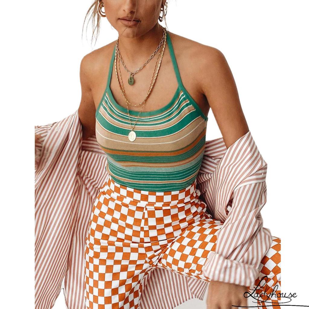 Bộ Trang Phục 2 Mảnh Gồm Áo Croptop Hai Dây Và Chân Váy Maxi Họa Tiết Kẻ Sọc Gợi Cảm Cho Nữ