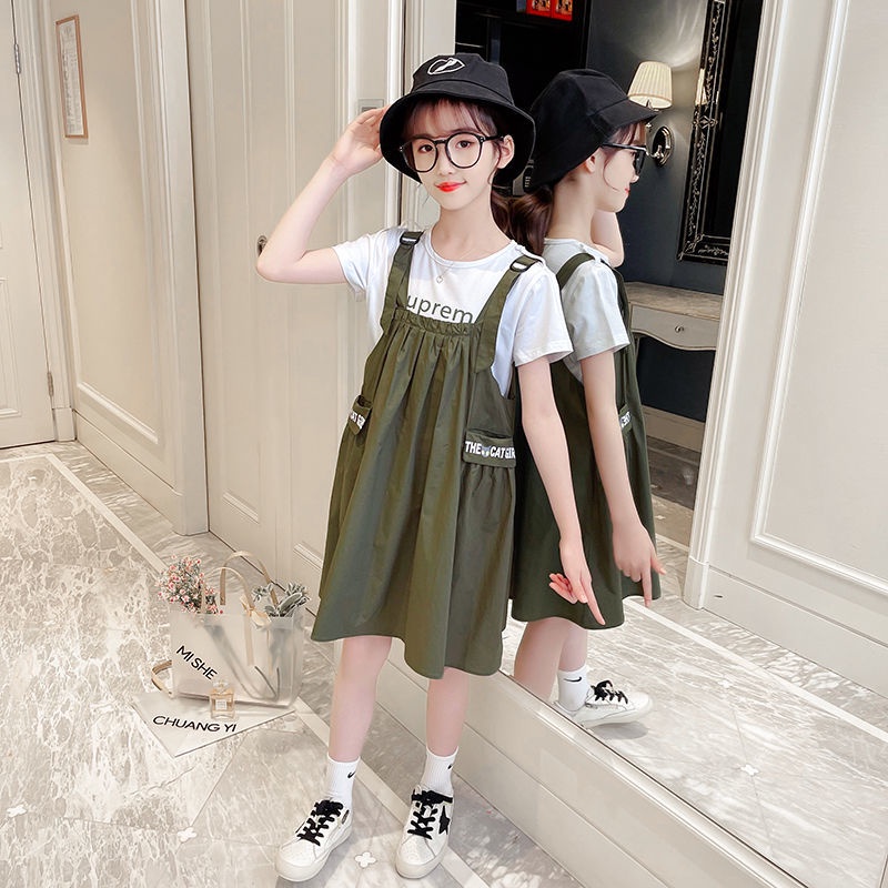 quần bò bé gáiquần gái₪áo phông ngắn tay + chân váy denim phù hợp với mùa hè cô gái mới Bộ đồ phong cách Hà