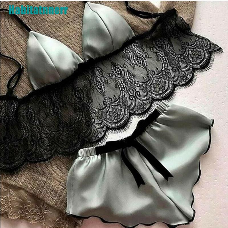 Bộ Đồ Ngủ Vải Satin Phối Ren Cổ V Không Tay Quyến Rũ Cho Nữ