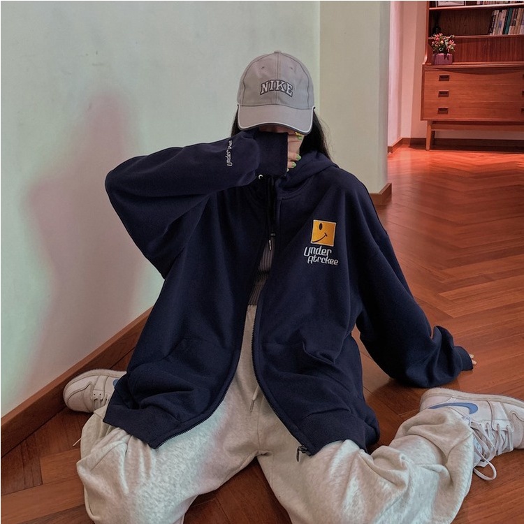 Áo khoác nỉ thêu Mặt Cười Under phom rộng hoodie nam nữ | BigBuy360 - bigbuy360.vn