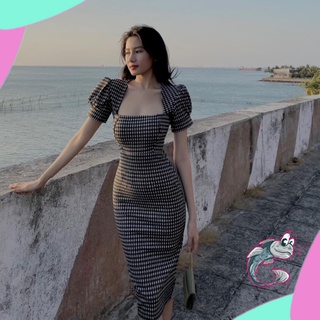 Đầm body Umi tay bồng xẻ sau kẻ caro Bống Clothing