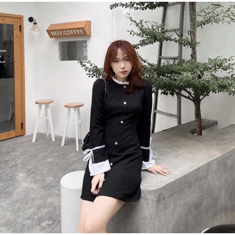 Váy đen body phối bèo trắng