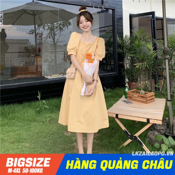 Đầm dáng dài ⚡️𝐁𝐈𝐆𝐒𝐈𝐙𝐄⚡️ Váy nữ tay ngắn cổ vuông mùa hè Phong cách Hàn Quốc Thời Trang tiểu thư cá tính xinh đẹp cho người mập béo