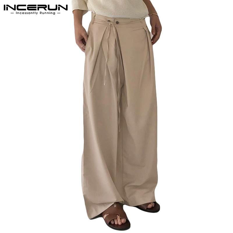 Quần dài INCERUN ống rộng xếp ly rút dây màu trơn thời trang đi chơi cho nam