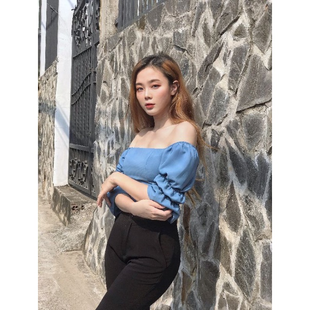 Áo croptop trễ vai kiểu ôm body đẹp  BA NHỎ STORE xanh Hebe Top