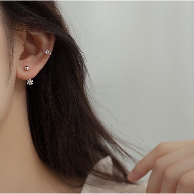 Bông tai cong hoa chốt bi vặn zen BẠC